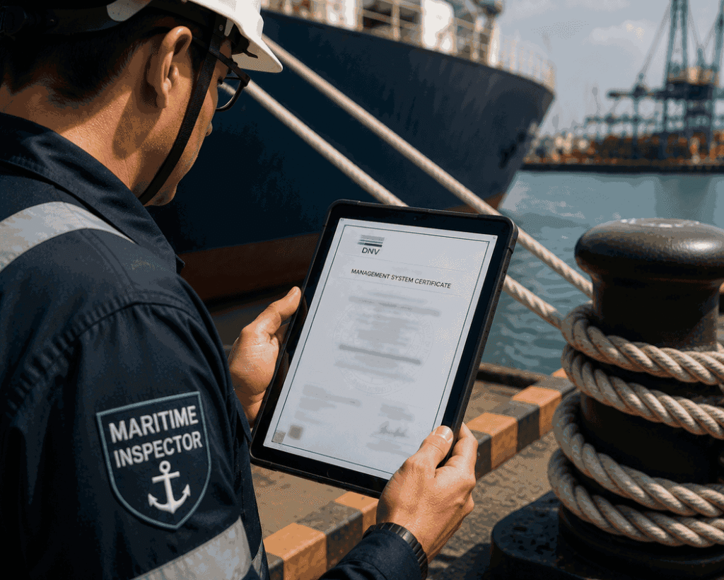 Ein Schiffsinspektor prüft während einer Schiffsinspektion im Hafen die DNV-Zertifizierungsdokumentation für synthetische Festmacherleinen.