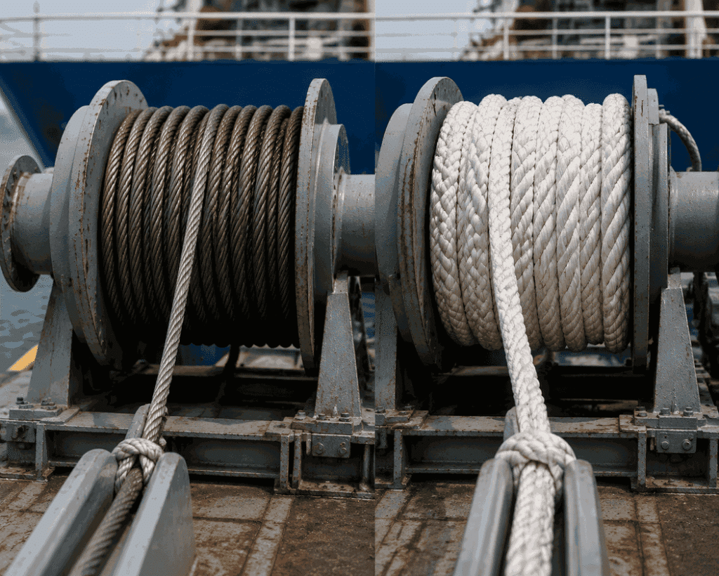 Vergleich zwischen herkömmlichen Stahldrahtseilen und modernen synthetischen Festmacherseilen an Schiffsdeckwinden für maritime Anwendungen.