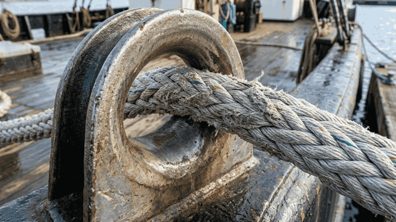 Cabo de amarração em UHMWPE passando por uma guia de cabo de navio com excelente resistência à abrasão