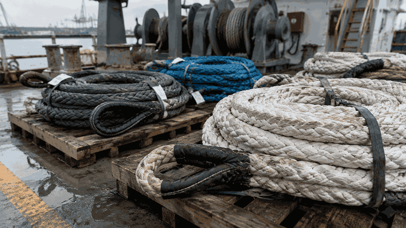 Bobinas de cabo de amarração em UHMWPE com emendas de olhal em um convés de embarcação em operação