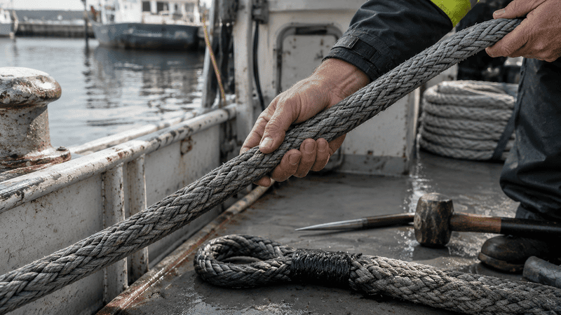 Inspeção de cabos de amarração em UHMWPE e manuseio de emendas com olhal em um convés de embarcação em operação.