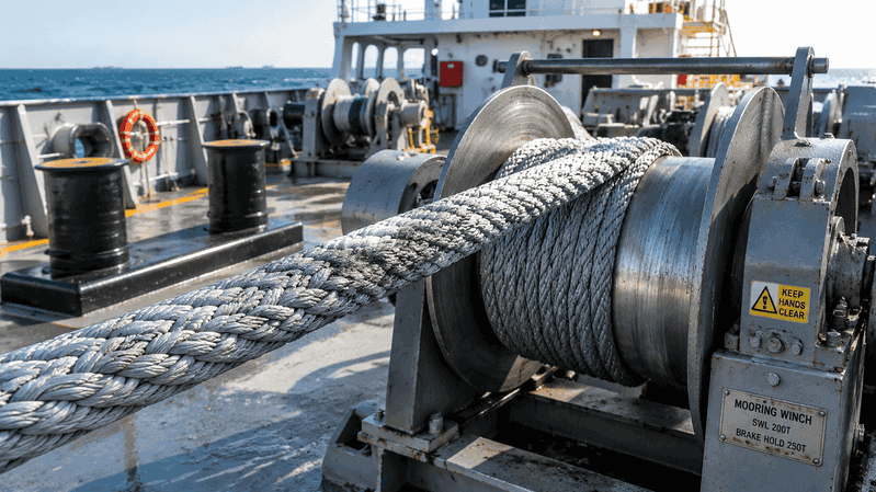 Cabo de amarração em UHMWPE no tambor do guincho marítimo, demonstrando resistência à abrasão e alto desempenho de resistência.