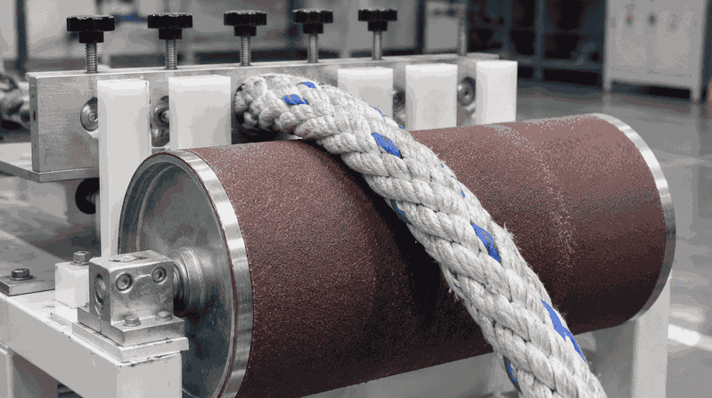 Teste de resistência à abrasão de corda de UHMWPE em equipamento de tambor industrial